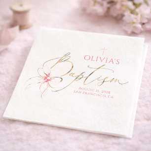 Servilleta De Papel Elegante bautizo de niña con lazo dorado y rosa