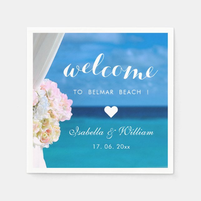 Servilleta De Papel Elegante bienvenida Floral Ocean Beach Wedding (Anverso)