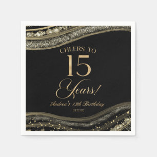 Servilleta De Papel Elegante Black Gold Agate 15th Birthday Party