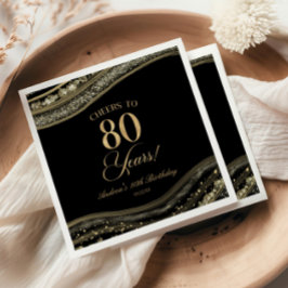 Servilleta De Papel Elegante Black Gold Agate 80th Birthday Party