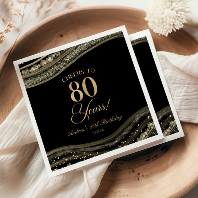 Servilleta De Papel Elegante Black Gold Agate 80th Birthday Party (Subido por el creador)
