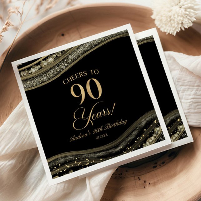 Servilleta De Papel Elegante Black Gold Agate 90th Birthday Party (Subido por el creador)