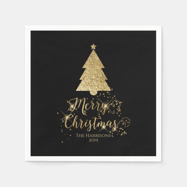 Servilleta De Papel Elegante Black Gold Merry Christmas Sparkle (Anverso)