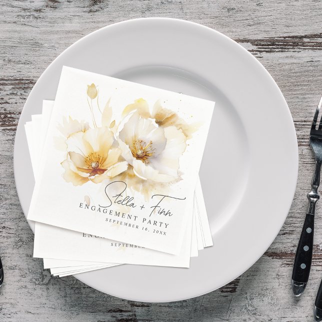 Servilleta De Papel Elegante Blanco Oro Amarillo Flor Compromiso (Elegant White Yellow Gold Flower Engagement Napkins)