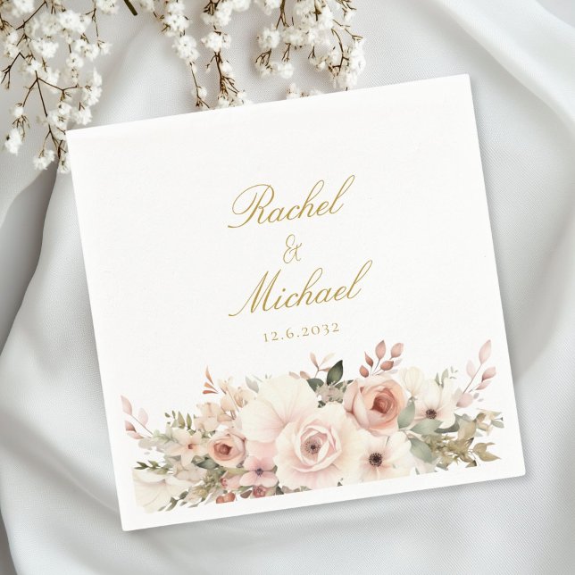 Servilleta De Papel Elegante, blanco, pastel, ramo de flores (Personalized, elegant, white, pastel, flower bouquet napkins with your name and date.)