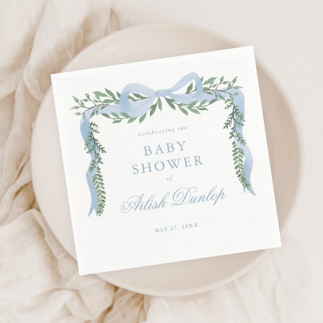 Servilleta De Papel Elegante Blue Bow con GreenBoy Baby Shower (Elegant blue bow greenery baby shower napkins.
)