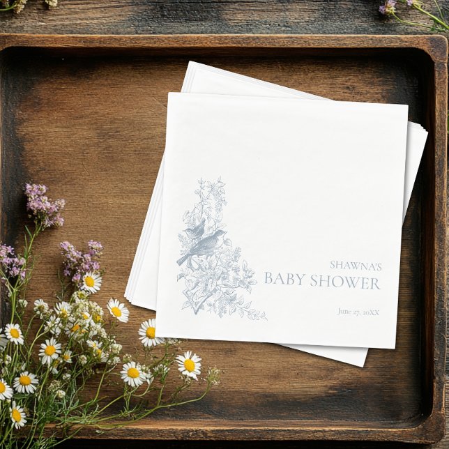 Servilleta De Papel Elegante Blue Chinoiserie Naturaleza Aves Baby Sho (Elegant Blue Chinoiserie Nature Birds Baby Shower Napkins)