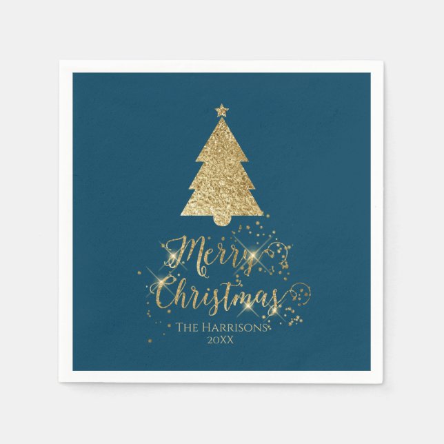 Servilleta De Papel Elegante Blue Gold Feliz Navidad Sparkle (Anverso)