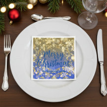 Elegante Blue Gold Snowflakes Feliz Navidad