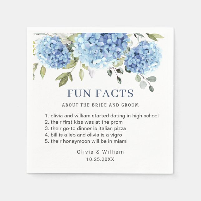 Servilleta De Papel Elegante Blue Hydrangea Fun Facts Boda (Anverso)