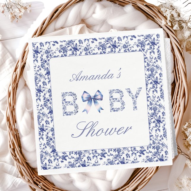 Servilleta De Papel Elegante Blue Toile de Jouy y Bow Baby Shower (Subido por el creador)