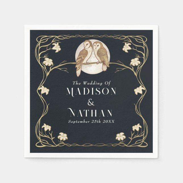 Servilleta De Papel Elegante Boda Art Nouveau Owls (Anverso)