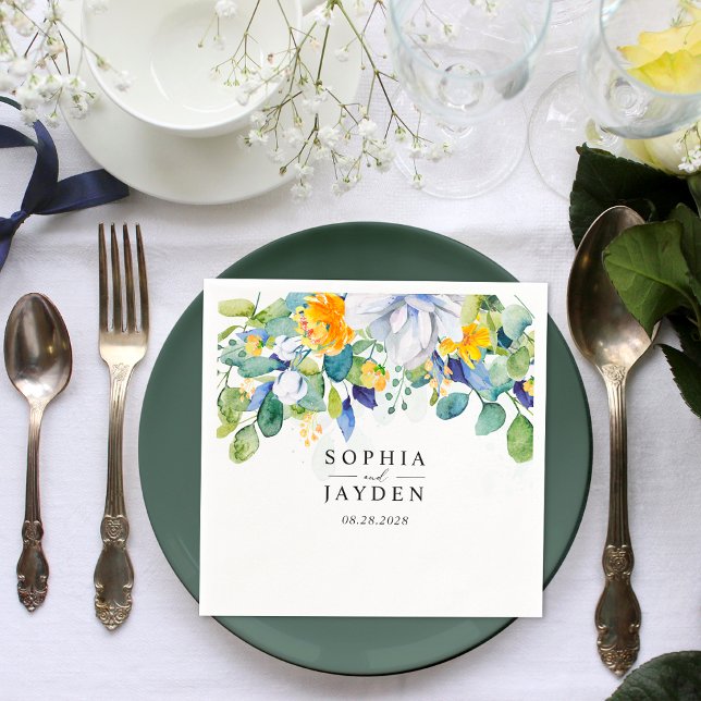 Servilleta De Papel Elegante boda azul blanco amarillo floral (Subido por el creador)
