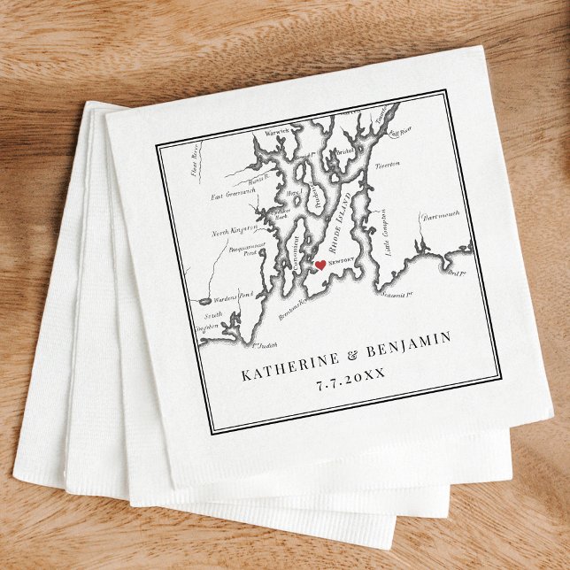 Servilleta De Papel Elegante Boda blanco negro de Newport Rhode Island (Elegant black and white Newport Rhode Island wedding napkins from Coastal Map Designs)