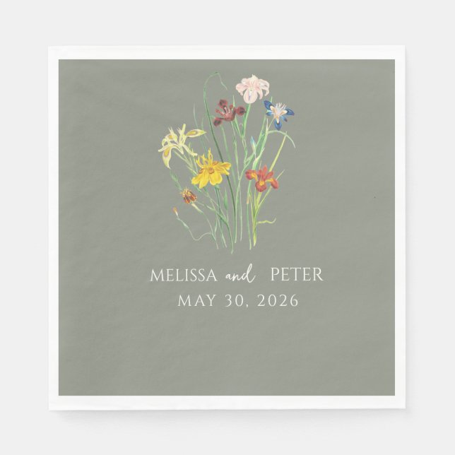 Servilleta De Papel Elegante Boda Boho Wildflower | Sage Green (Anverso)