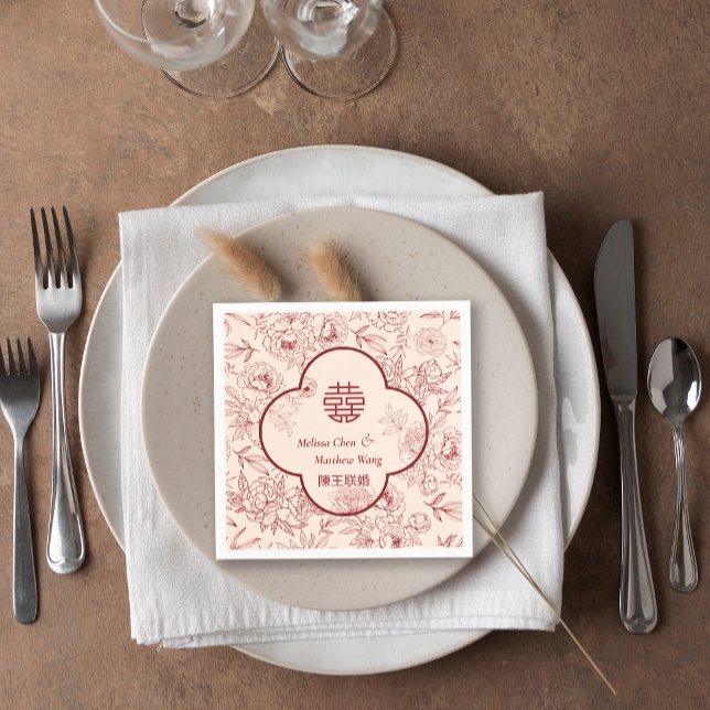 Servilleta De Papel Elegante Boda chino Xi doble flor (Elegant Flower Double Xi Chinese Wedding Napkins)