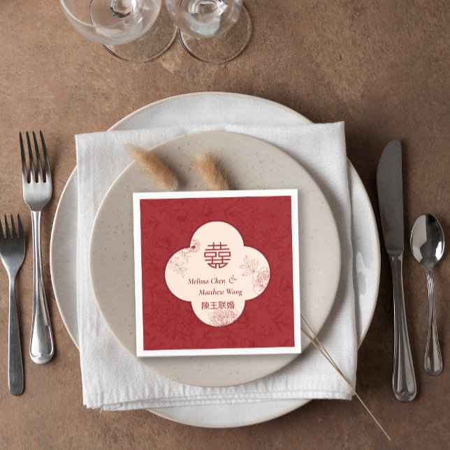 Servilleta De Papel Elegante Boda chino Xi doble flor (Elegant Flower Double Xi Chinese Wedding Napkins)