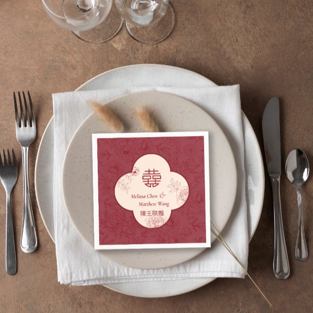 Servilleta De Papel Elegante Boda chino Xi doble flor (Elegant Flower Double Xi Chinese Wedding Napkins)