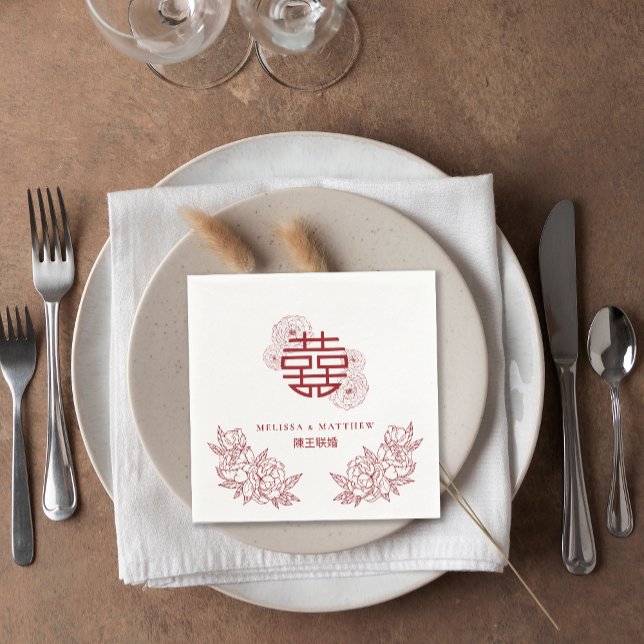 Servilleta De Papel Elegante Boda chino Xi doble flor (Elegant Flower Double Xi Chinese Wedding Napkins)