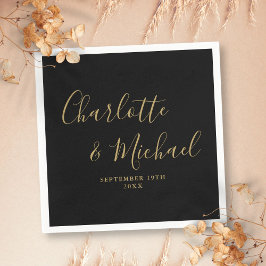Servilleta De Papel Elegante Boda con Firma en Negro y Dorado