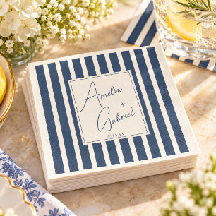 Servilleta De Papel Elegante boda costera con franja azul marino