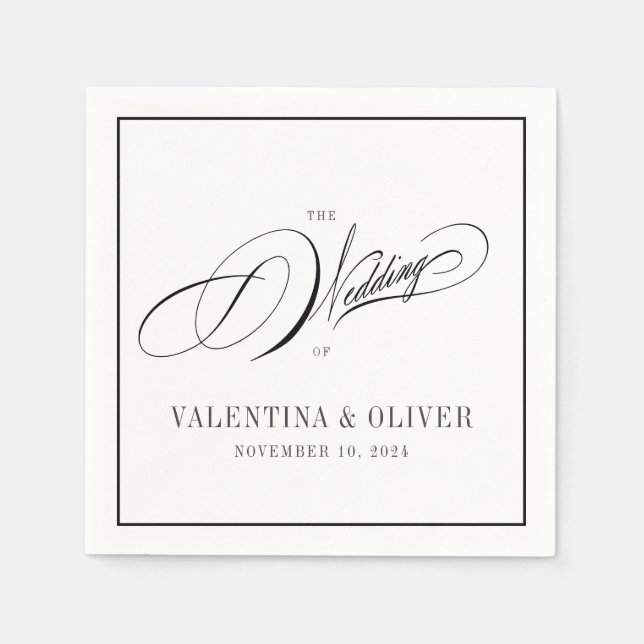 Servilleta De Papel Elegante Boda de caligrafía blanca y negra (Anverso)