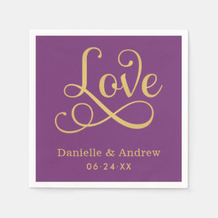 Servilleta De Papel Elegante Boda de Caligrafía de Amor de Oro Púrpura