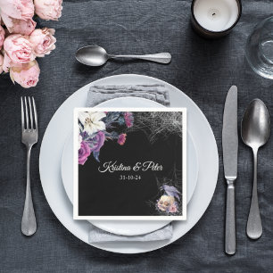Servilleta De Papel Elegante Boda de Cráneo Floral Gótico Negro Púrpur