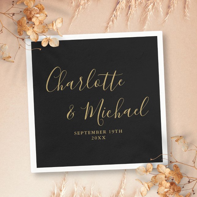 Servilleta De Papel Elegante Boda De Firmas En Negro Y Oro (Elegant Black And Gold Signature Wedding Napkins)