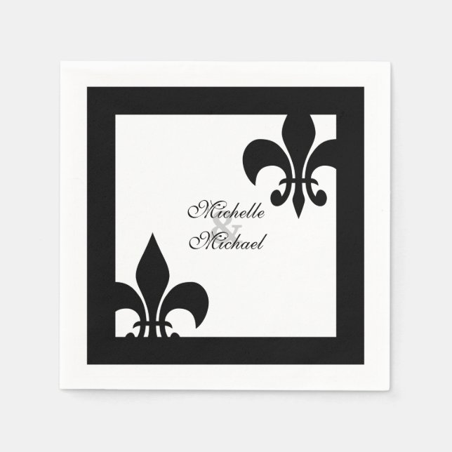 Servilleta De Papel Elegante Boda de Flor Blanco Negro de Lis (Anverso)