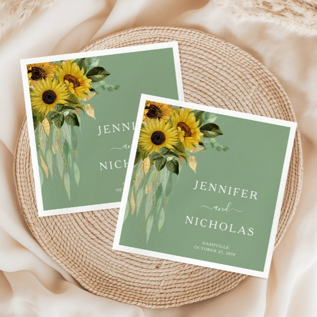 Servilleta De Papel Elegante Boda de girasol floral verde (Elegant Green Floral Sunflower Wedding Napkins)