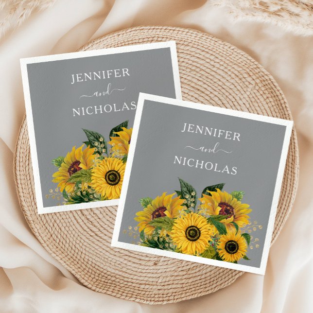 Servilleta De Papel Elegante Boda de girasoles grises (Elegant Gray Sunflowers Wedding Napkins)
