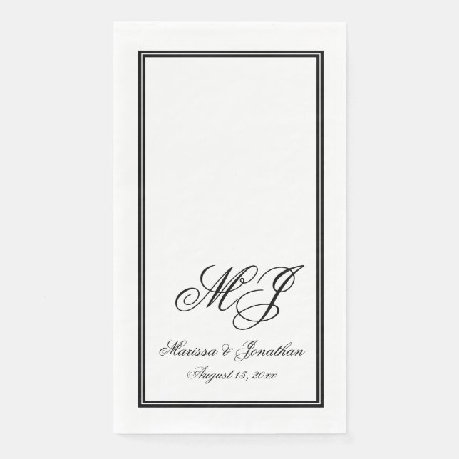 Servilleta De Papel Elegante Boda de guiones de Monograma Blanco Negro (Anverso)