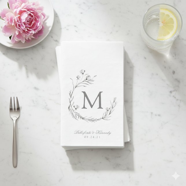 Servilleta De Papel Elegante Boda de guirnalda gris blanco botánico (Elegant Gray White Botanical Wreath Wedding Paper Guest Towels)