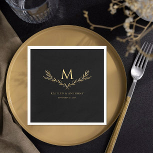 Servilleta De Papel Elegante Boda de guirnaldas de monograma negro y o