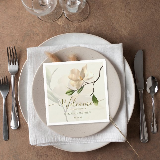 Servilleta De Papel Elegante Boda de Magnolia Blanca Oriental (Elegant Oriental White Magnolia Wedding Napkins)