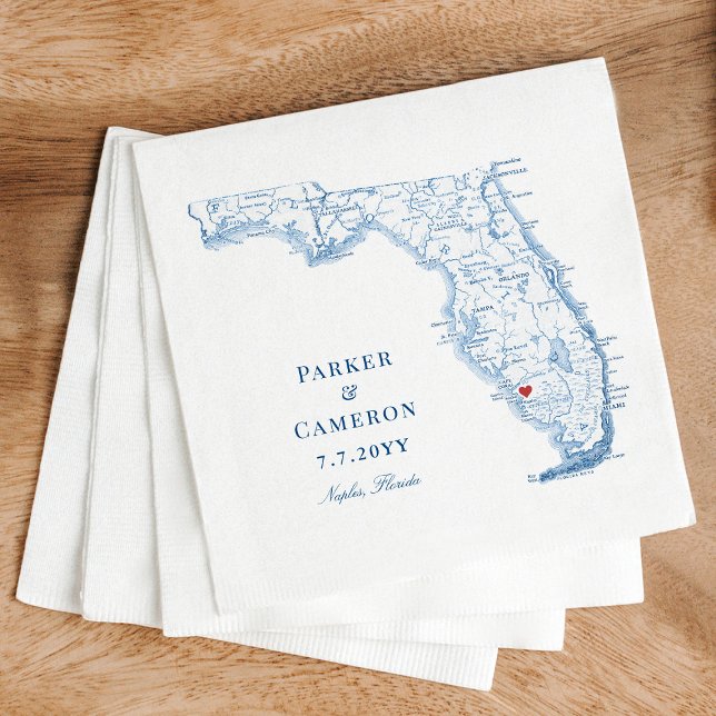 Servilleta De Papel Elegante Boda de mapas de Nápoles Florida (Elegant Naples Florida Map Wedding Napkins in navy blue by Coastal Map Designs)