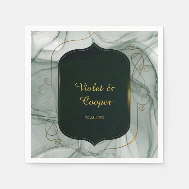 Servilleta De Papel Elegante Boda de marco dorado verde esmeralda (Anverso)