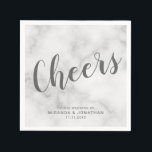 Servilleta De Papel Elegante Boda de Mármol "Saludos"<br><div class="desc">Elegante y elegante etiqueta de vino de Boda de mármol blanco con el título 'Cheers' en letra de escritura moderna y gris con nombre y fecha en el moderno tipo de letra sans serif sobre fondo de mármol blanco.</div>