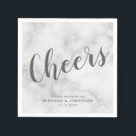 Servilleta De Papel Elegante Boda de Mármol "Saludos"<br><div class="desc">Elegante y elegante etiqueta de vino de Boda de mármol blanco con el título 'Cheers' en letra de escritura moderna y gris con nombre y fecha en el moderno tipo de letra sans serif sobre fondo de mármol blanco.</div>