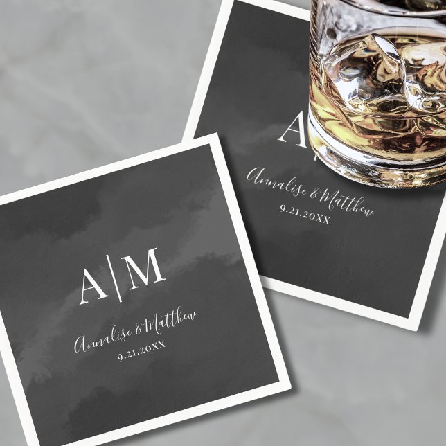 Servilleta De Papel Elegante Boda de Monograma Blanco Negro Minimalist (Elegant Minimalist Black White Monogram Wedding Napkins)