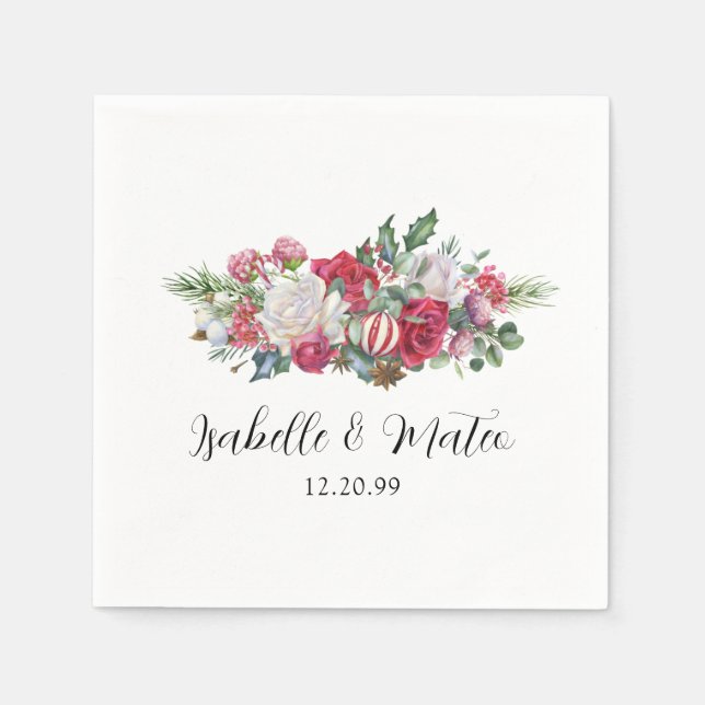 Servilleta De Papel Elegante Boda de Navidades Florales de Rosa Roja (Anverso)
