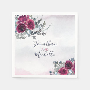 Servilleta De Papel Elegante Boda de Rosas blancos y azules de Borgoña