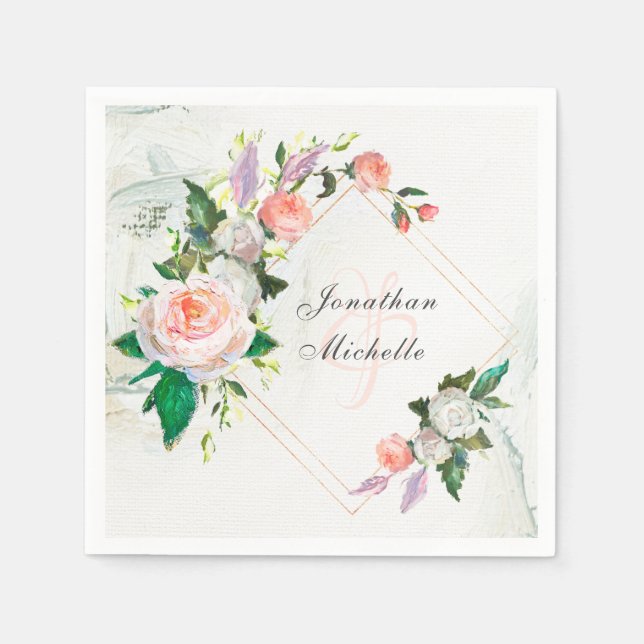 Servilleta De Papel Elegante Boda de Rosas de pintura al óleo blanco y (Anverso)