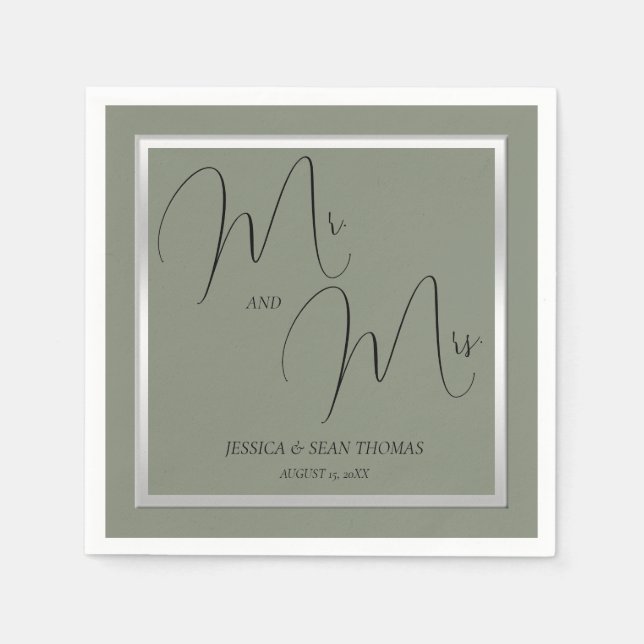 Servilleta De Papel Elegante Boda de Sage y Silver (Anverso)
