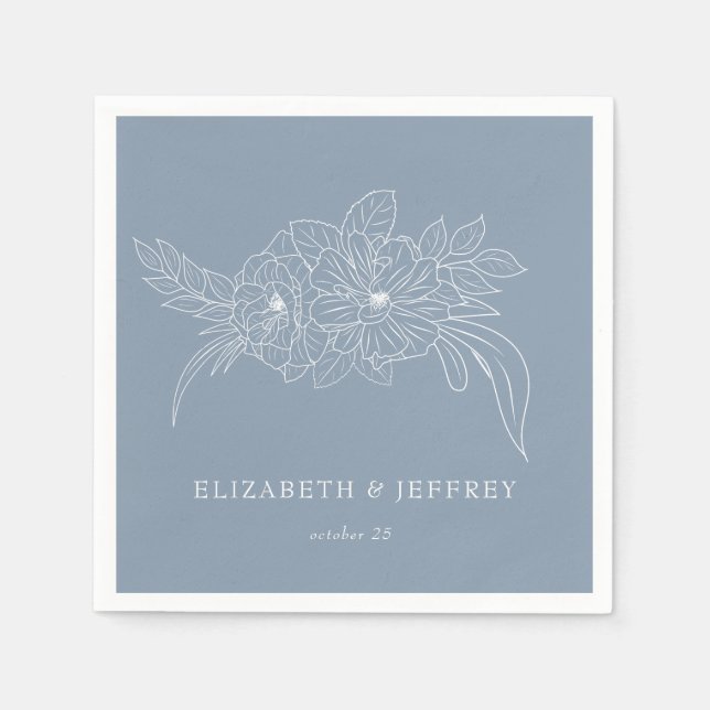Servilleta De Papel Elegante Boda de sketch floral Dusty Blue Minimal (Anverso)