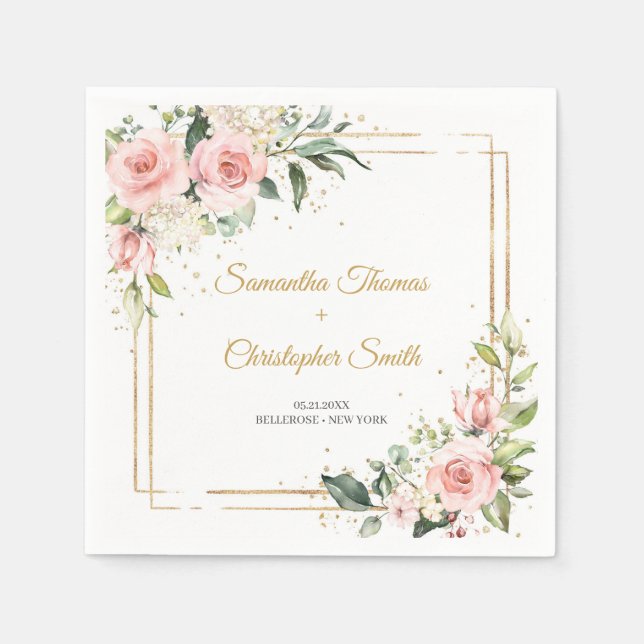 Servilleta De Papel Elegante boda de vegetación de rosas color rosa ro (Anverso)