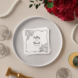 Servilleta De Papel Elegante Boda Doodle en Negro y Blanco Floral Lind