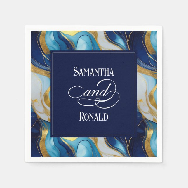 Servilleta De Papel Elegante Boda Faux Gold, Blue and White Marble (Anverso)