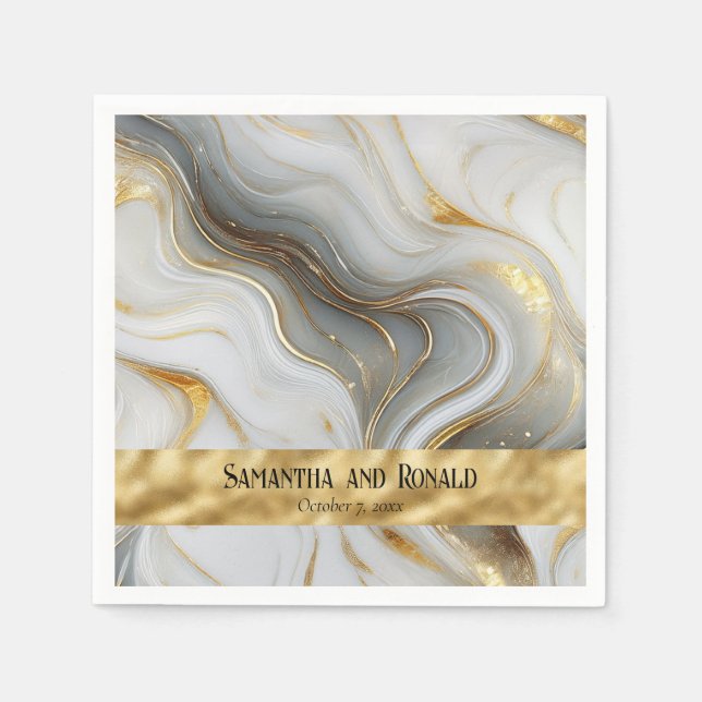 Servilleta De Papel Elegante Boda Faux Gold, White & Gray Marled (Anverso)